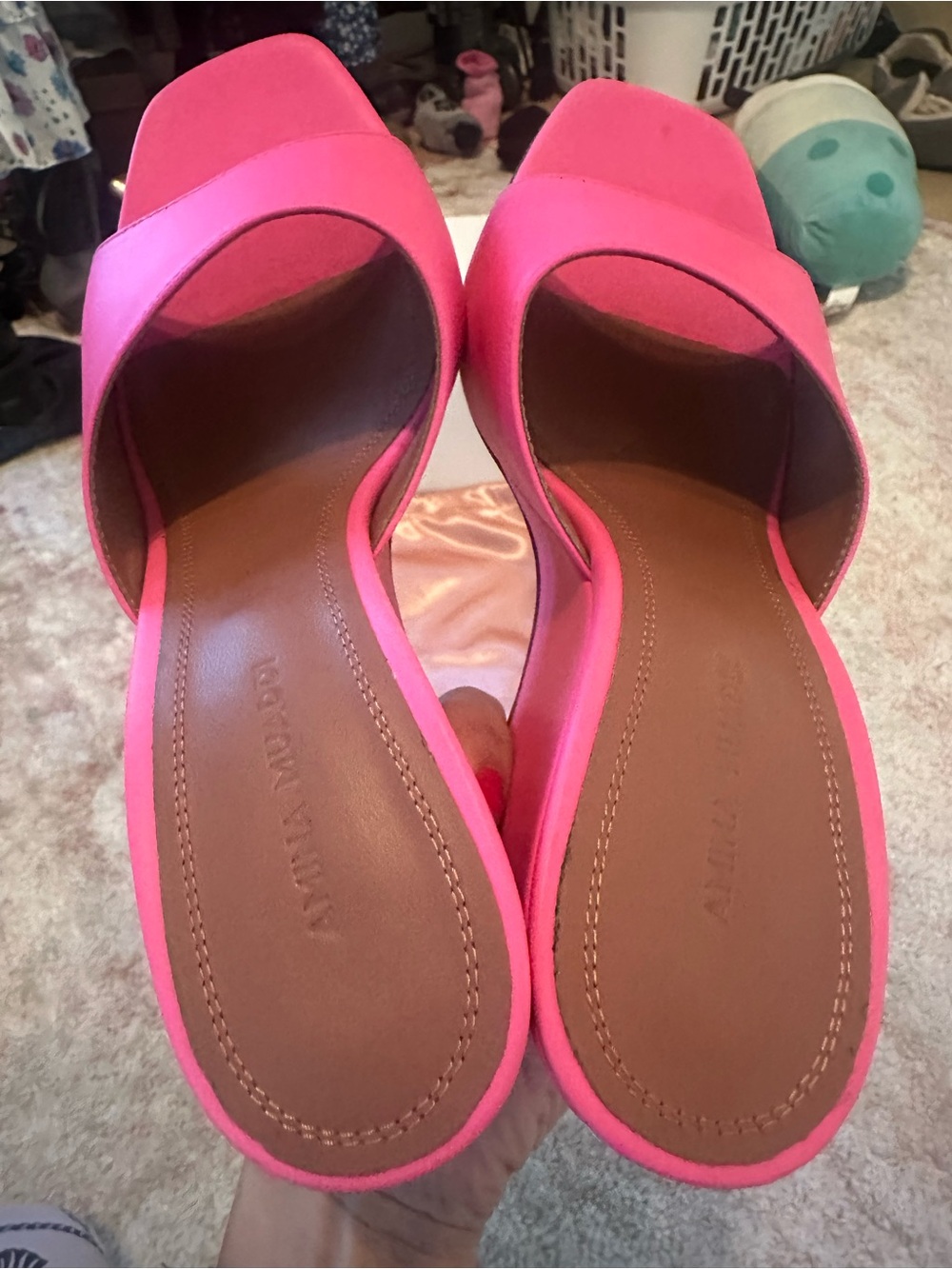 Amina Muaddi Neon Pink Square-Toe Slide Mules - Picture 4 of 7